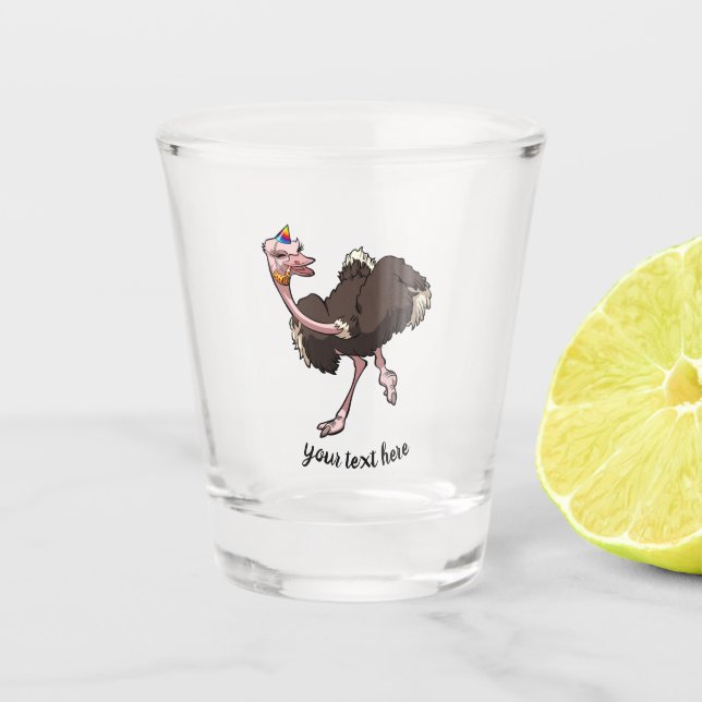 Happy Ostrich Dancing in Party Hat Cartoon Shot Glass (Front)