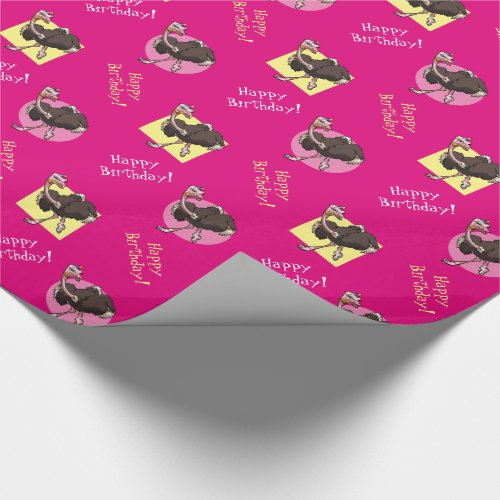 Happy Ostrich Dancing in Party Hat Cartoon Wrapping Paper