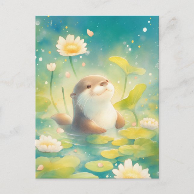 Happy Otter in Summer Lily Pond Postcard (Front)