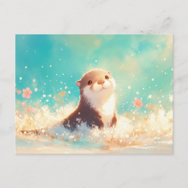 Happy Otter Splashing in Turquoise Sea Postcard (Front)