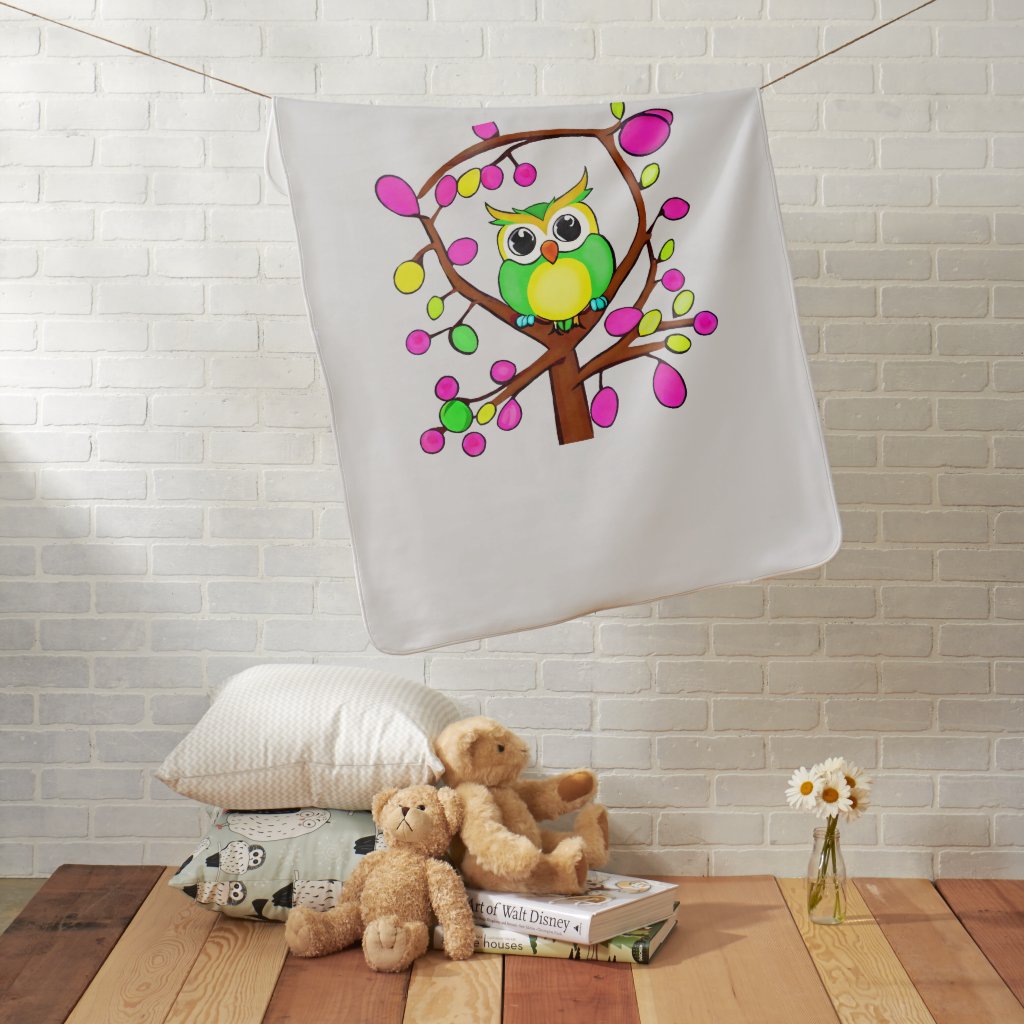 Happy owl in a multicolored tree