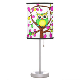 Happy owl in a multicolored tree table lamp