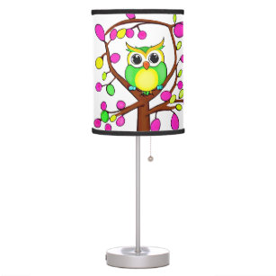Happy owl in a multicolored tree table lamp