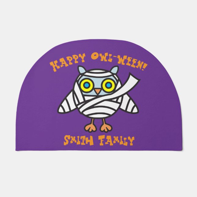 Happy Owl-Ween! Owl Mummy Halloween Doormat (Front)