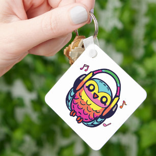 Happy Owl with headphones listening to music. Keychain