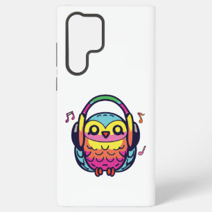 Happy Owl with headphones listening to music. Samsung Galaxy S22 Ultra Case