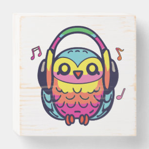 Happy Owl with headphones listening to music. Wooden Box Sign