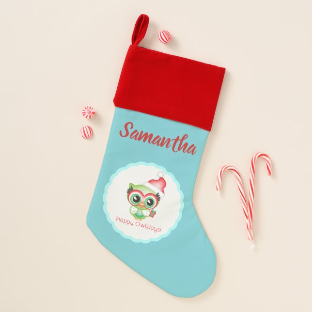 Happy Owlidays Christmas Holiday Owl Personalized Stocking (Front)