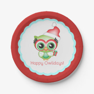 Happy Owlidays Christmas Santa Hat Holiday Owl Paper Plates