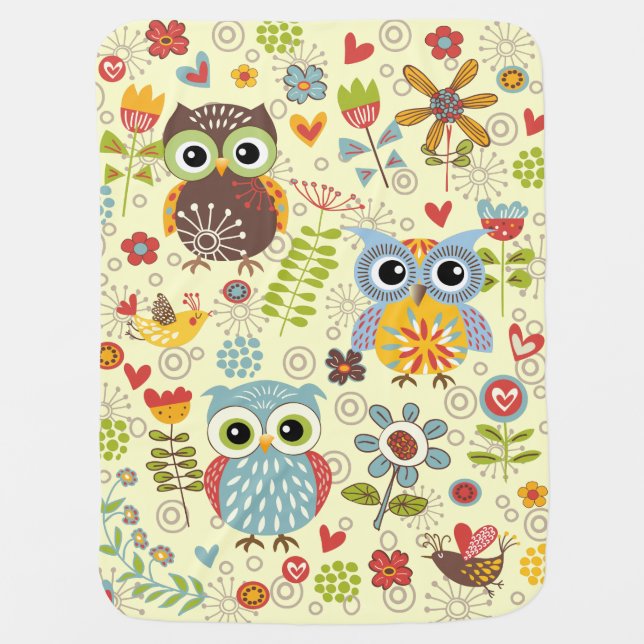 Happy Owls and Flowers Baby Blanket (Front)