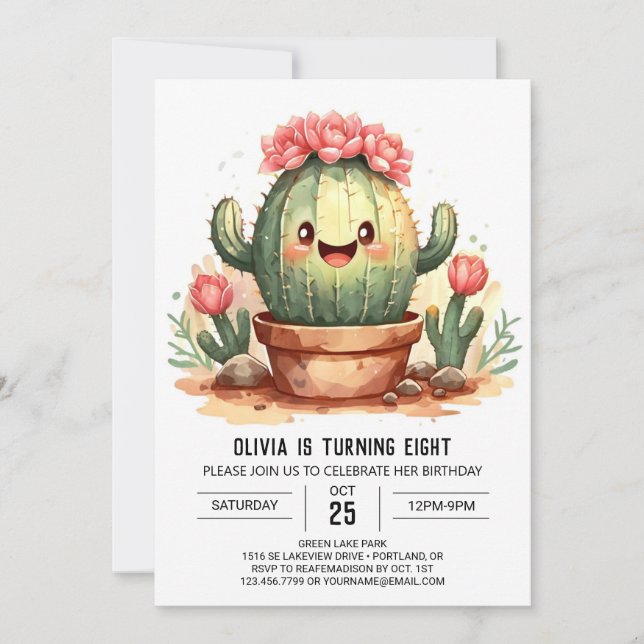 Happy Pampas Grass Girly Cactus Girl Birthday Invitation (Front)