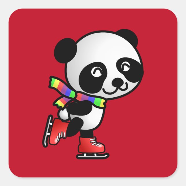 Happy Panda Goes Skating Square Sticker (Front)
