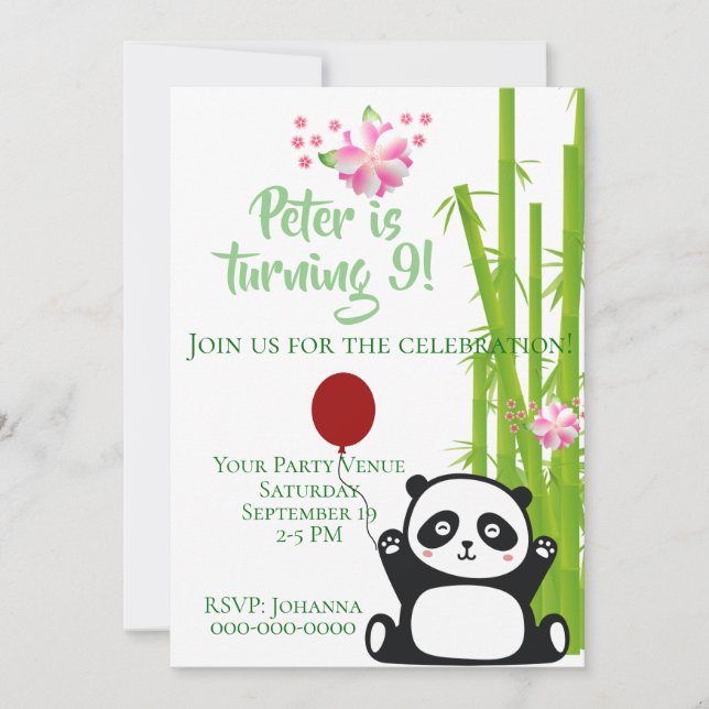 Happy Panda with Bamboo & Cherry Blossom  Birthday Invitation (Front)