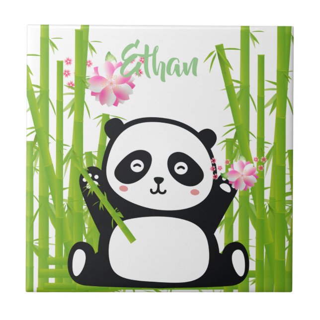 Happy Panda with Bamboo & Cherry Blossom  Ceramic Tile (Front)
