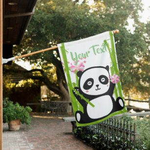 Happy Panda with Bamboo & Cherry Blossom House Flag