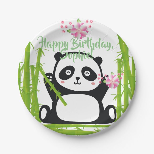 Happy Panda with Bamboo & Cherry Blossom Paper Plates (Front)