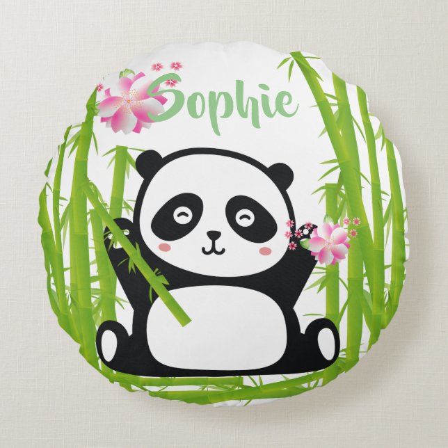 Happy Panda with Bamboo & Cherry Blossom   Round Pillow (Front)