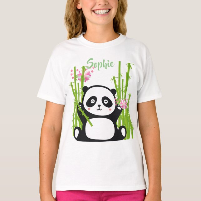 Happy Panda with Bamboo & Cherry Blossom  T-Shirt (Front)
