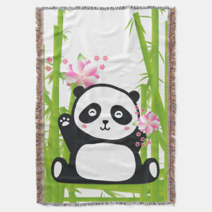 Happy Panda with Bamboo & Cherry Blossom Throw Blanket