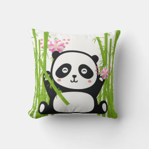Happy Panda with Bamboo & Cherry Blossom Throw Pillow