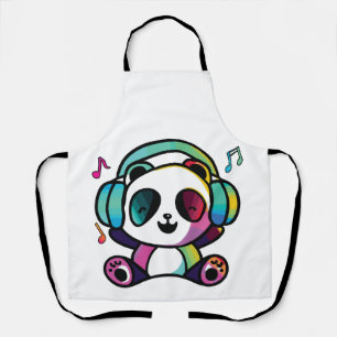 Happy Panda with headphones listening to music. Apron