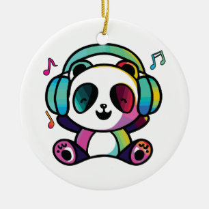 Happy Panda with headphones listening to music.  Ceramic Ornament