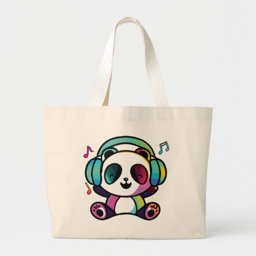 Happy Panda with headphones listening to music  Large Tote Bag