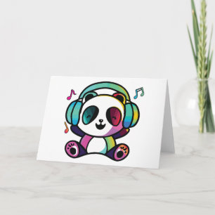 Happy Panda with headphones listening to music. Note Card