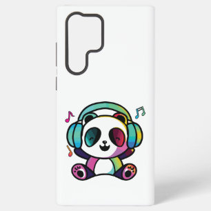 Happy Panda with headphones listening to music. Samsung Galaxy S22 Ultra Case