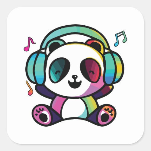 Happy Panda with headphones listening to music  Square Sticker