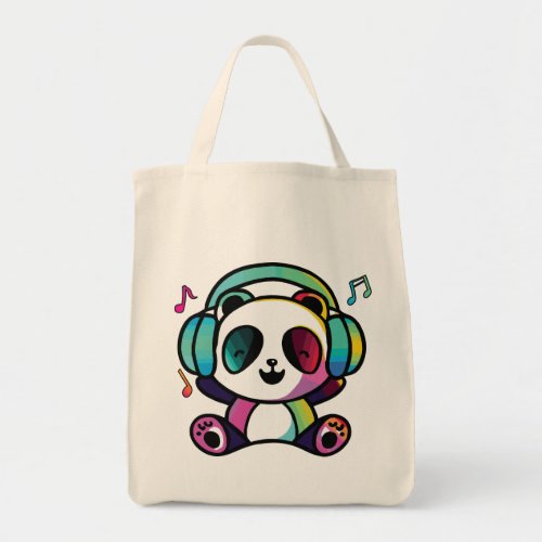 Happy Panda with headphones listening to music  Tote Bag
