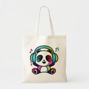 Happy Panda with headphones listening to music. Tote Bag