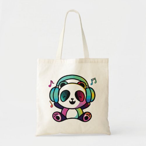 Happy Panda with headphones listening to music  Tote Bag