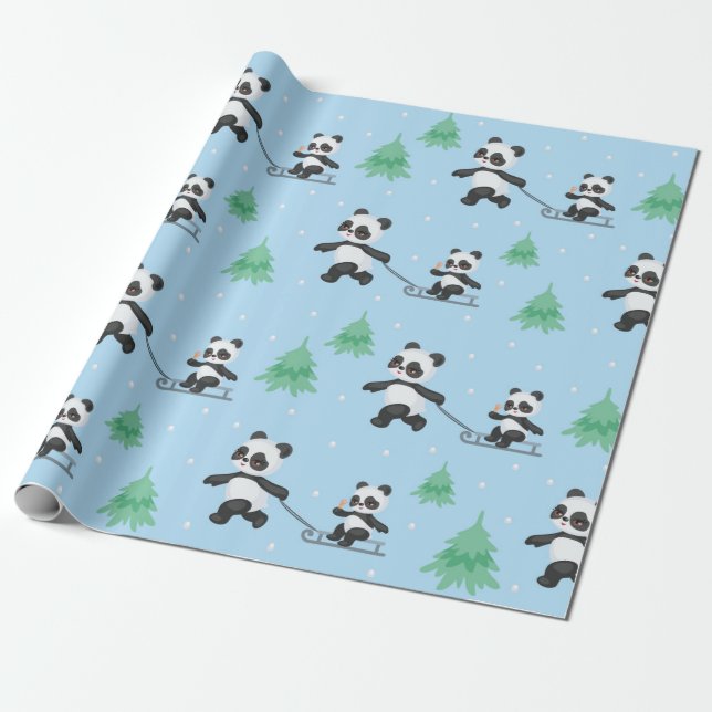 Happy Pandas Christmas Pattern Wrapping Paper (Unrolled)