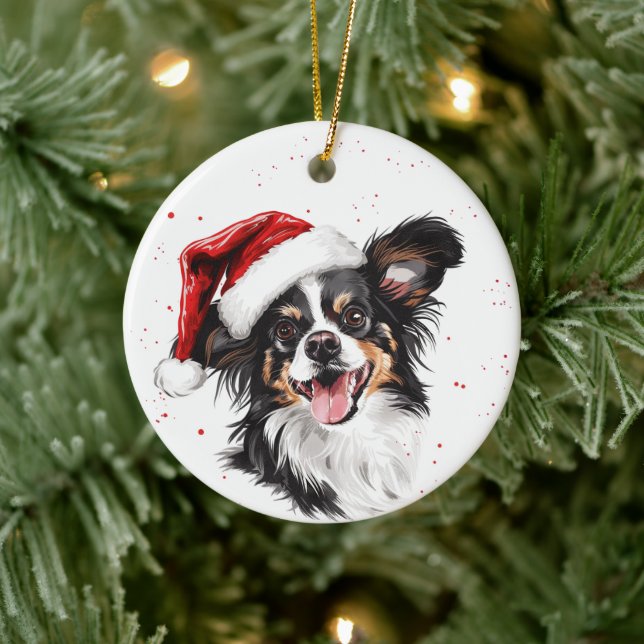 Happy Papillon Dog Christmas Personalized Ceramic Ornament (Tree)
