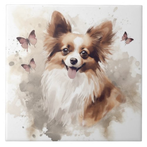 Happy Papillon Dog Watercolor Ceramic Tile