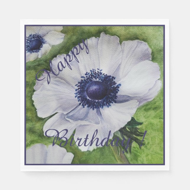 Happy Party Celebration White Anemone Flowers Napkins (Front)