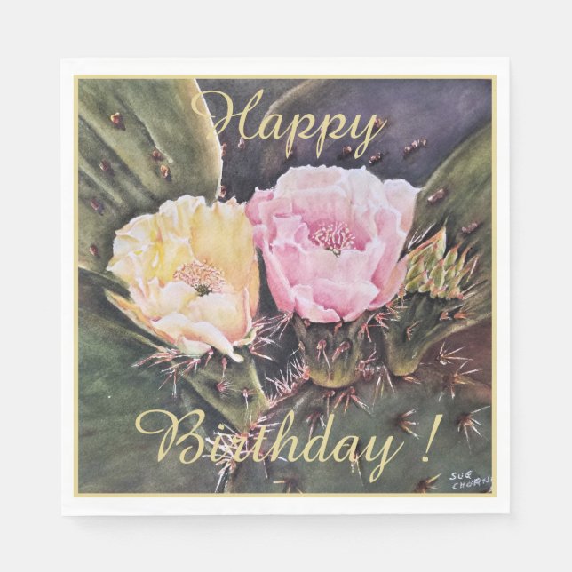Happy Party Celebration Yellow Pink Cactus Flowers Napkins (Front)