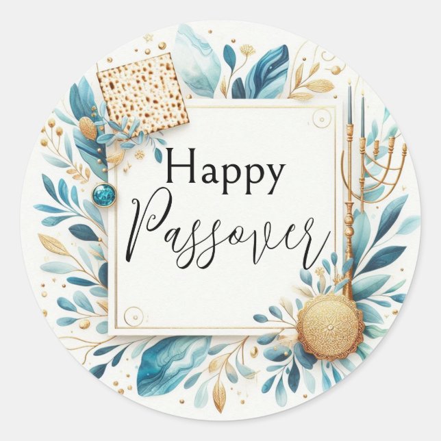 Happy Passover Agate Blue Gold Matzah Classic Round Sticker (Front)