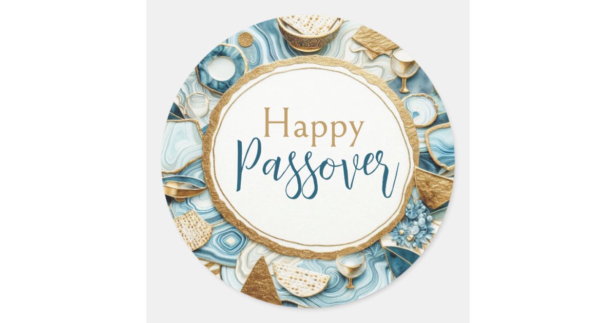 Happy Passover Blue Gold Agate Seder Plate Classic Round Sticker | Zazzle