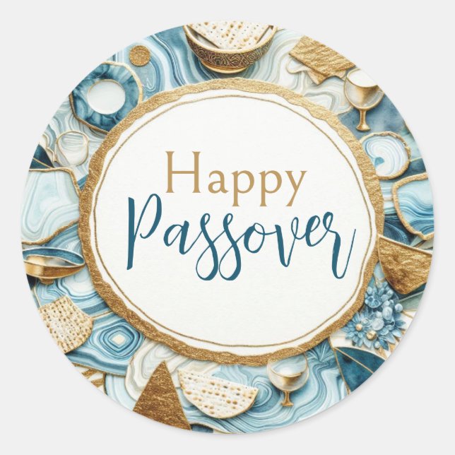 Happy Passover Blue Gold Agate Seder Plate Classic Round Sticker (Front)