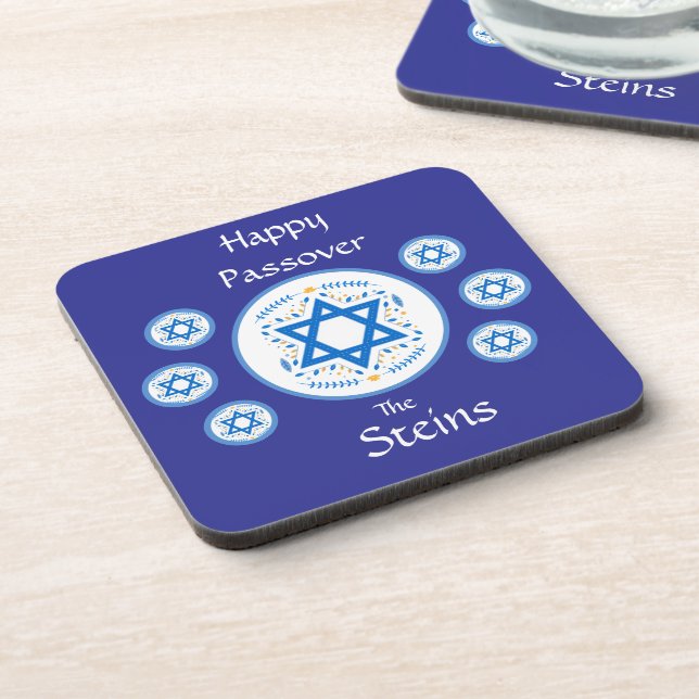 Happy PASSOVER Blue Star of David NAME Beverage Coaster (Left Side)