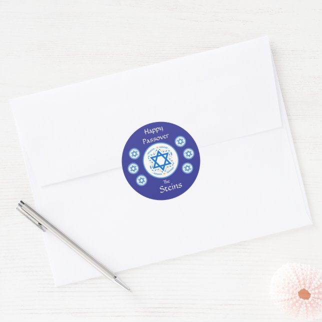 Happy PASSOVER Blue Star of David NAME Classic Round Sticker (Envelope)
