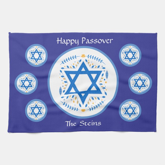 Happy PASSOVER Blue Star of David NAME  Kitchen Towel (Horizontal)