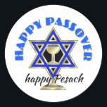 Happy Passover Classic Round Sticker<br><div class="desc">Jewish gifts and gift ideas featuring beautiful Jewish Star of David with a wine glass in the center.</div>