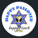 Happy Passover Classic Round Sticker<br><div class="desc">Jewish gifts and gift ideas featuring beautiful Jewish Star of David with a wine glass in the center.</div>