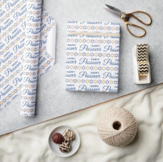 Happy Passover Elegant Blue Gold Star of David  Wrapping Paper