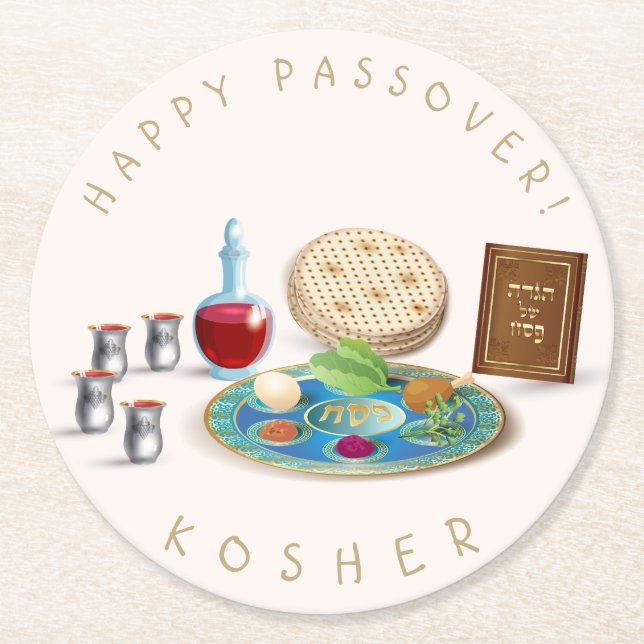 Happy Passover Plate Kosher Pesach Round Paper Coaster (Front)