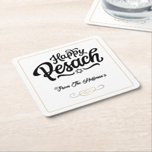 Happy Passover Simple Traditional Black & White Square Paper Coaster