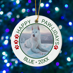 Happy Paw-lidays Custom Pet Photo Name Ceramic Ornament